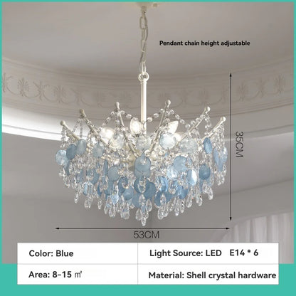 French Luxury LED Pendant Lights Blue White Natural Shell Crystal Chandelier Lamps for Romantic Living Dining Bedroom Home Decor
