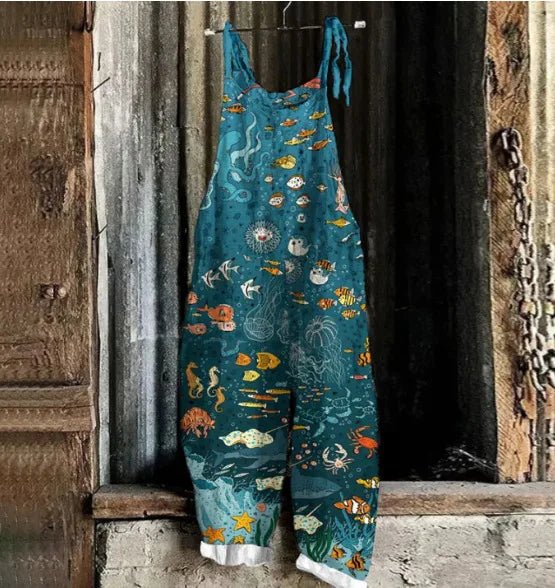 Suspenders Jumpsuits Women Print One Piece Pocket Overalls Sling Long Pants Casual Loose High Waist Rompers Y2k Streetwear 2025