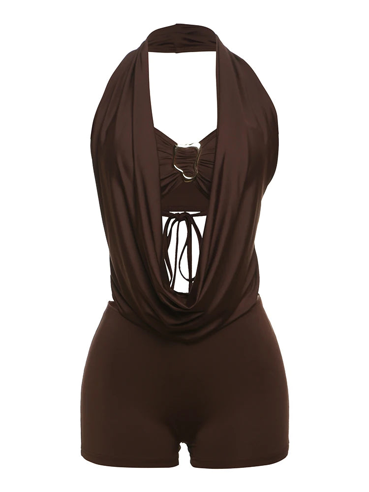 Sisterlinda Swinging Neck Backless Playsuits Sexy Stunning Pleated Backless Slim Rompers+Inside Wrapped Chest Tanks Party Wear