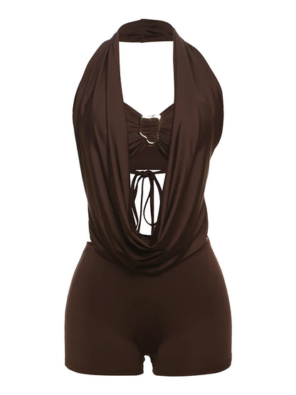 Sisterlinda Swinging Neck Backless Playsuits Sexy Stunning Pleated Backless Slim Rompers+Inside Wrapped Chest Tanks Party Wear