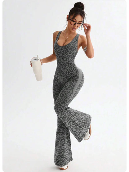 ZHEJIN Leopard Jumpsuit Women Flare Leg Yoga Romper Backless Criss Cross Workout Bodysuit Scrunch Butt Lift Gym Fitness Wear
