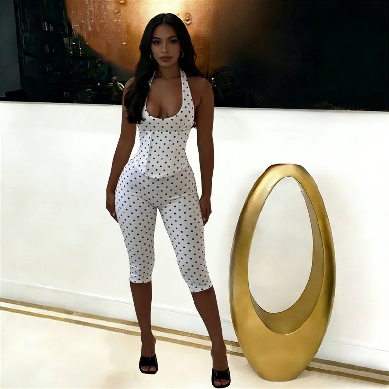Doyerl Polka Dot One Piece Jumpsuits for Woman Club Outfits Halter V-neck Backless Lace-up Bandage Corset Bodycon Romper Mono