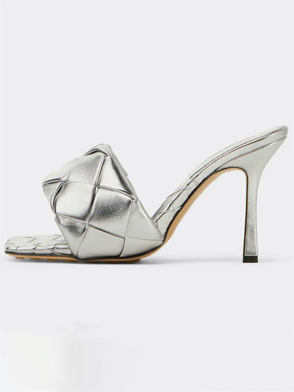 New 2026 Summer Fashion Women's Slippers PU Leather Square Toe Sandals for Women Fluorescent Yellow Fine Heel Ladies High Heels