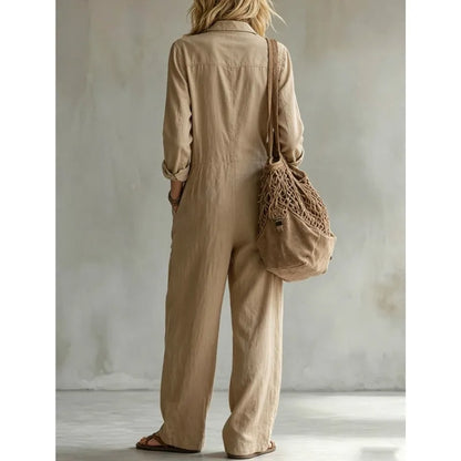 Autumn Simple Solid Women's Jumpsuit Fashion Button Half Open Design Loose Lapel Jumpsuits With Pocket Ladies Office Clothing