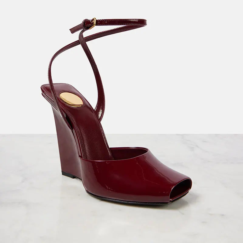 Ankle Strap Patent Leather Peep Toe Summer Women Sandals Wedges High Heel Buckle Strap Design Large Size Fashion Show Shoes