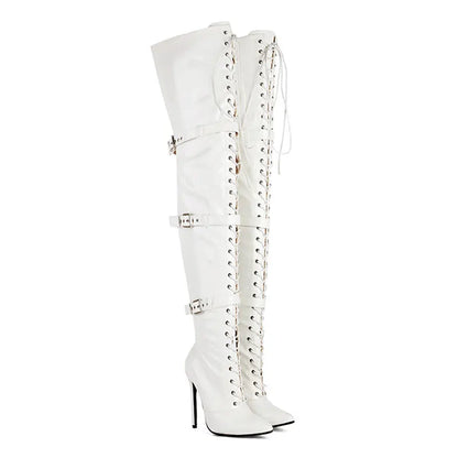 Sgesvier 2025 Jazz Dance High Heels Sexy Women Over the Knee Boots Female Knight Boots Pointed Zipper Pu Thin Heel 12CM Big Size