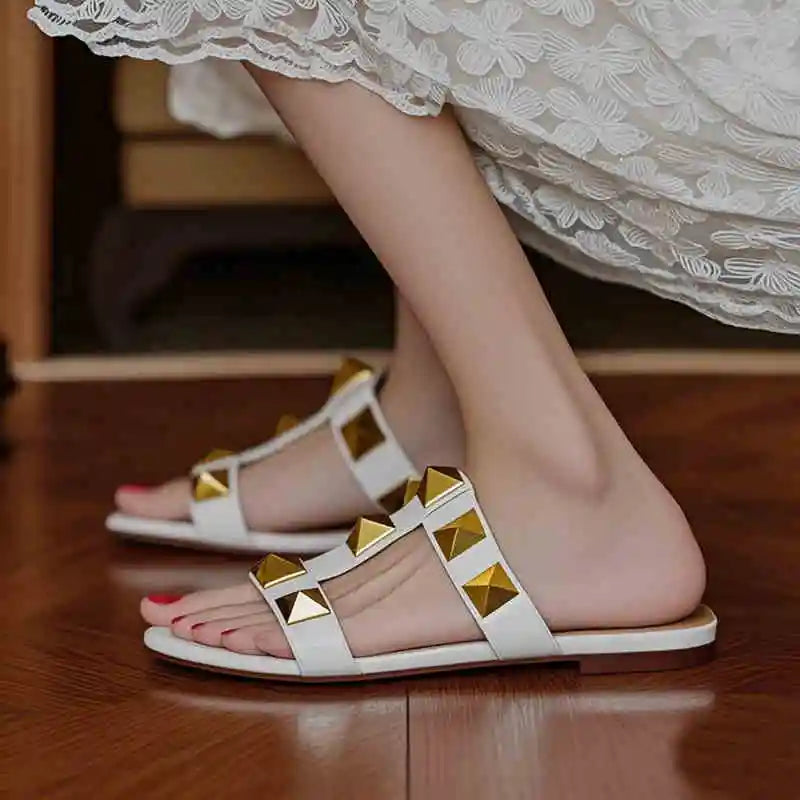Women's Heels Sandals Gladiator Summer Luxury Brand Designer Rivets Open Toe Slipper Slingbacks Comfortable Ladies Shoes Women