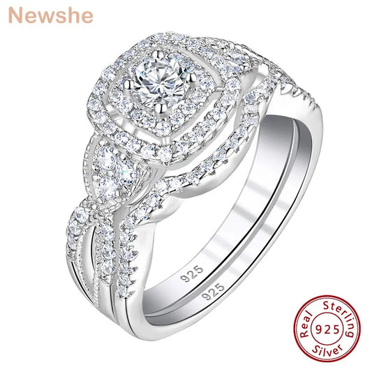 Newshe 2 Pcs 925 Sterling Silver Wedding Rings for Women Double Halo AAAAA Cubic Zircons Engagement Ring Bridal Set Jewelry