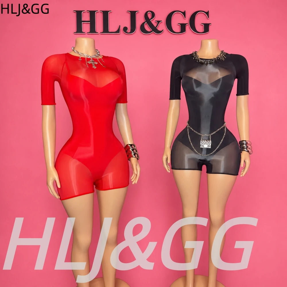 HLJ&GG Sexy See Though Stretchy Bodycon One Piece Rompers Women Round Neck Short Sleeve Slim Jumpsuits Hot Girl Nightclub Wear
