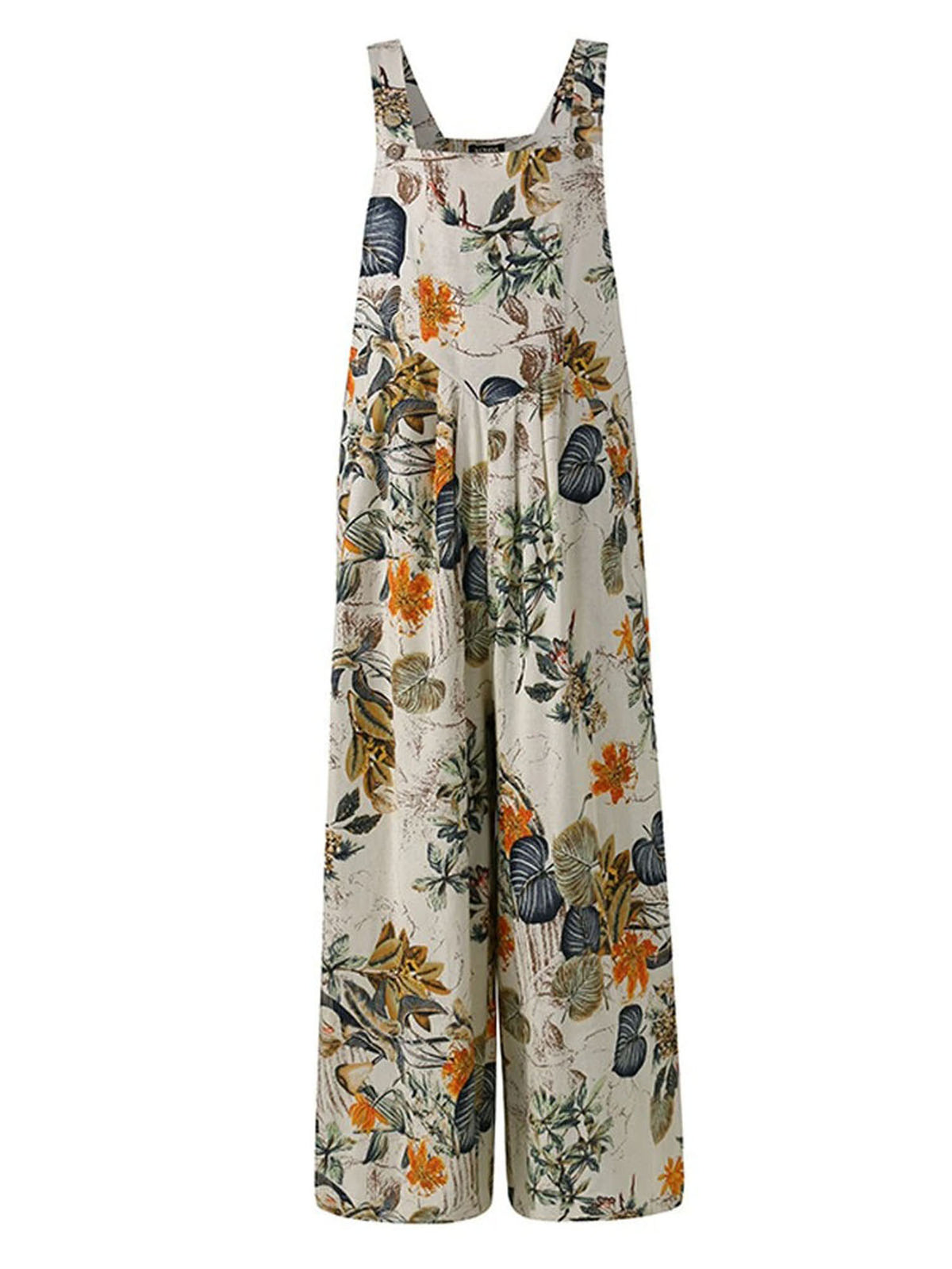Women Plus Sizes Jumpsuit Leaf Floral Print Square Neck Sleeveless Fashion Casual Overalls with Pockets