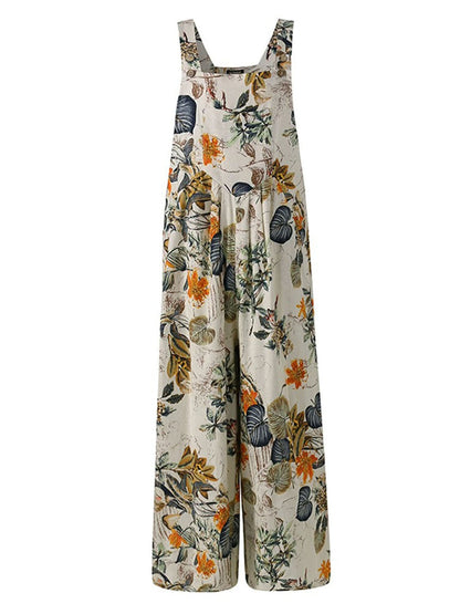 Women Plus Sizes Jumpsuit Leaf Floral Print Square Neck Sleeveless Fashion Casual Overalls with Pockets