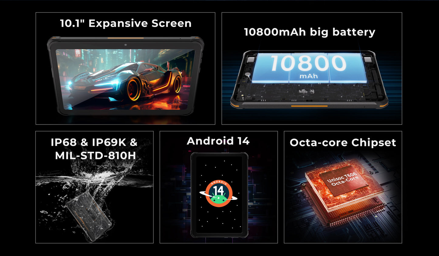 HOTWAV R8 IP68&IP69K Rugged Tablet 10800mAh Massive Battery Android 14 Pad 10.1'' HD+ Display 4GB RAM 128GB ROM/1TB Expansion 13MP +5MP Camera Global 4G Tablet PC
