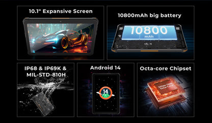 HOTWAV R8 IP68&IP69K Rugged Tablet 10800mAh Massive Battery Android 14 Pad 10.1'' HD+ Display 4GB RAM 128GB ROM/1TB Expansion 13MP +5MP Camera Global 4G Tablet PC