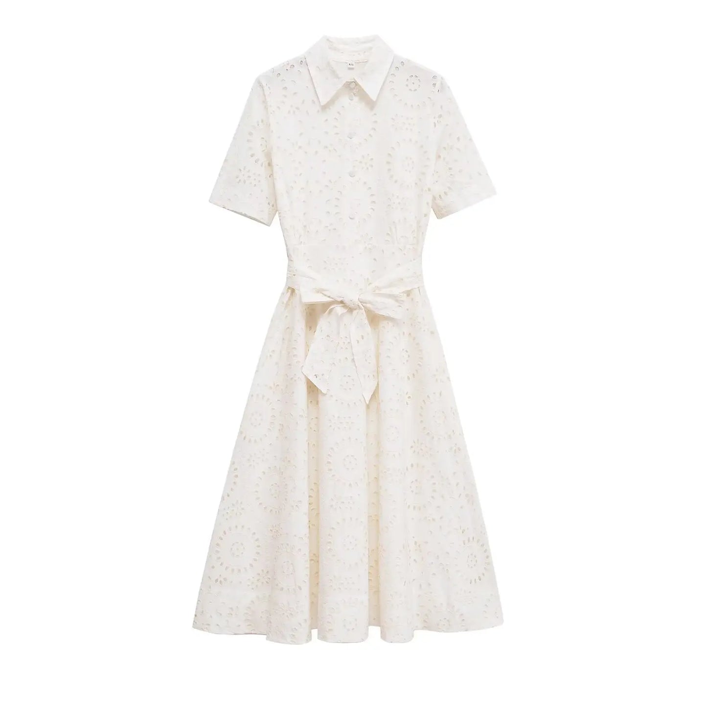 ETJ 2025 new  women's elegant fashion hollow embroidery cotton shirt lapel short-sleeved dress temperament long skirt