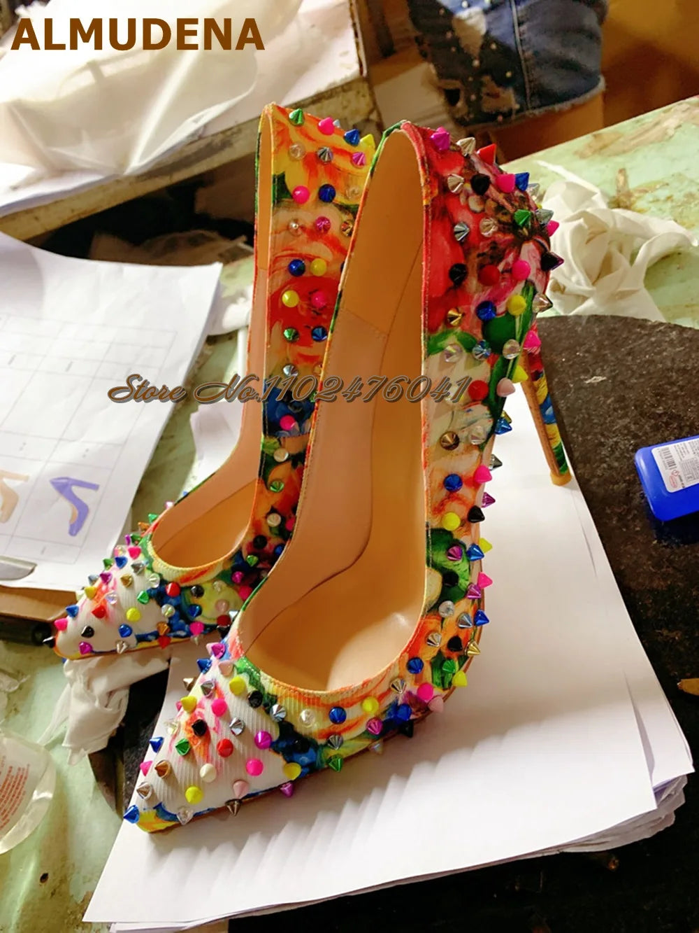 ALMUDENA Multi-Color Rivets Thin High Heel Dress Shoes 12Cm 10Cm 8Cm Stilettos Pointed Toe Shallow Pumps Pricts Spikes Footwear
