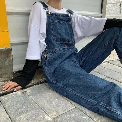5XL Large Size Jumpsuit Women's Jeans Rompers Retro Big Pocket Loose Denim Overalls Korean Shoulder Strap Wide-leg Overalls