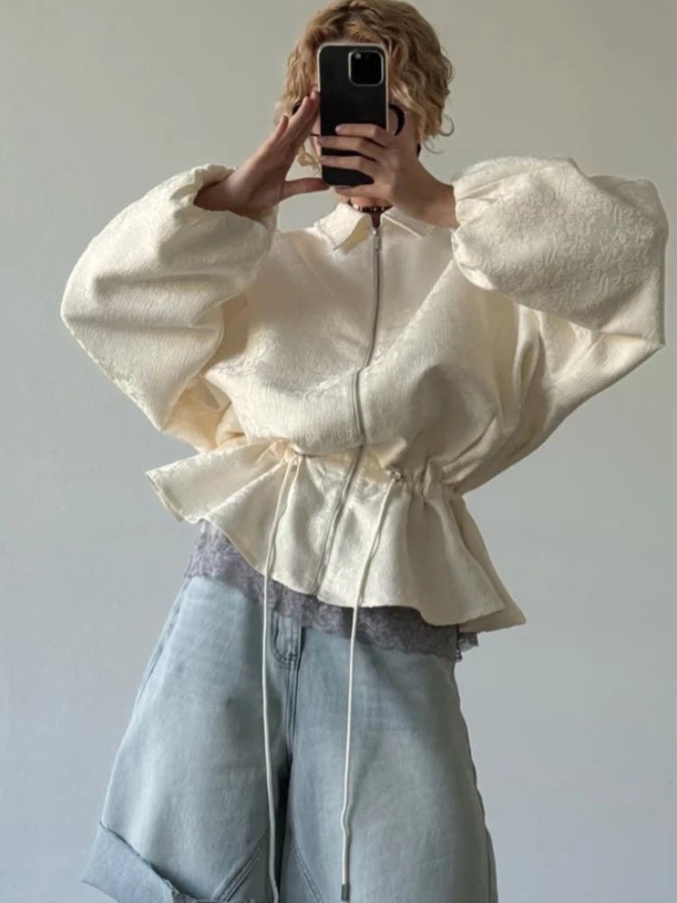 Luxury Apricot Texture Jacket Turn-down Collar Zipper Drawstring Waist Slim Lantern Sleeves Outerwear 2026 Fall Chic Lady Coat