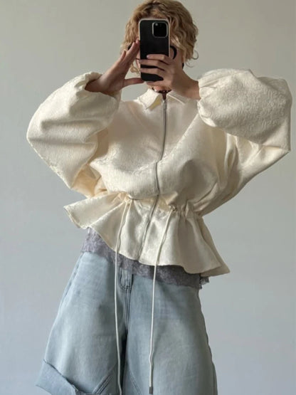Luxury Apricot Texture Jacket Turn-down Collar Zipper Drawstring Waist Slim Lantern Sleeves Outerwear 2026 Fall Chic Lady Coat