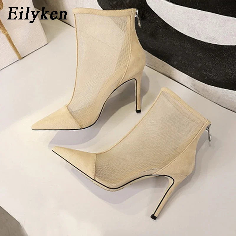 Eilyken 2026 New Spring Autumn Sexy Mesh High Heels Runway Ankle Boots For Women Pointed Toe Ladies Party Zipper Shoes