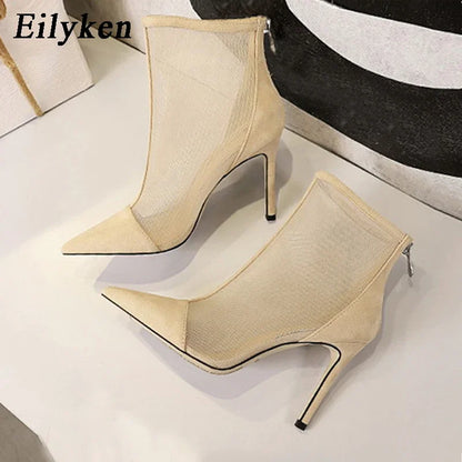 Eilyken 2026 New Spring Autumn Sexy Mesh High Heels Runway Ankle Boots For Women Pointed Toe Ladies Party Zipper Shoes