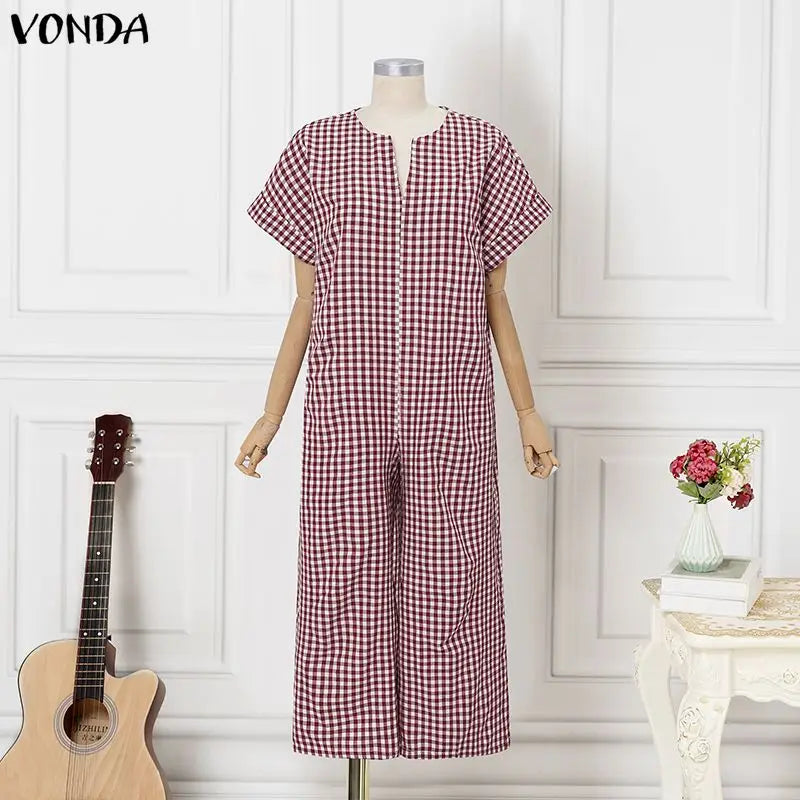VONDA Women Plus Size Jumpsuits Fashion Summer Short Sleeve Tops Wide Leg Pants OL Work Playsuits Plaid Overalls Streetwear