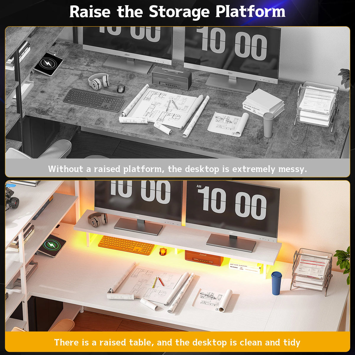 Computer Desk with 6 Storage Shelves & Fabric Drawers 63"L Shaped Gaming Desk with Power Outlet, LED Strip & Monitor Stand