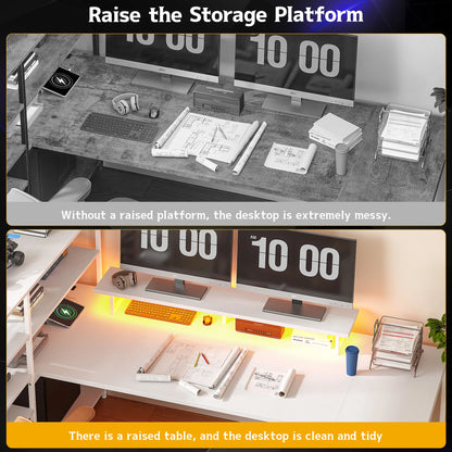 Computer Desk with 6 Storage Shelves & Fabric Drawers 63"L Shaped Gaming Desk with Power Outlet, LED Strip & Monitor Stand