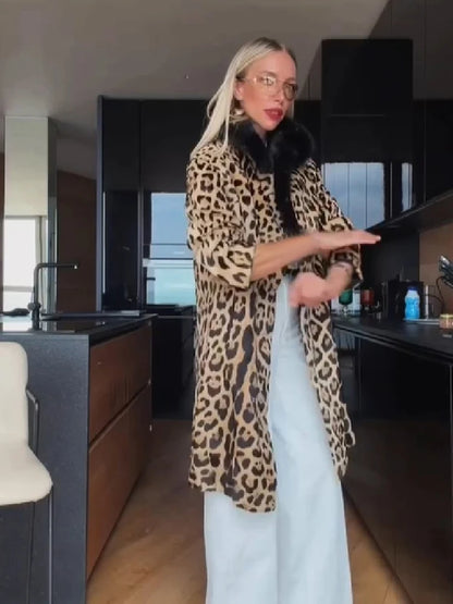 Vintage Leopard Print Coat Women Faux Fur Trim Collar Long Sleeve Loose Mid-length Warm Jacket Club Street Ladies Outerwear