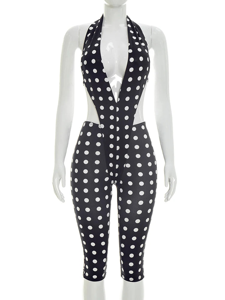 Kliou Polka Dot Print Playsuits Women Halter Low-Neck Lace-UP Backless Skinny Peach Hip Hot Girls Sexy Fashion Classic Rompers
