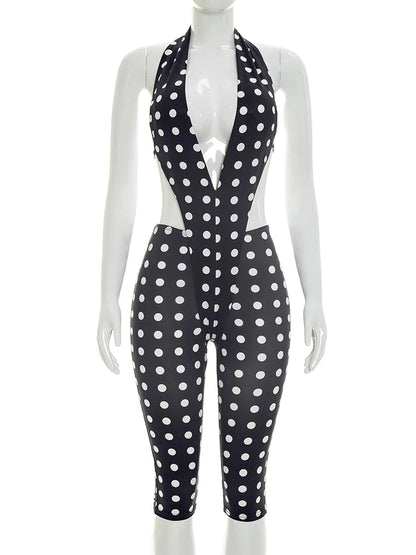 Kliou Polka Dot Print Playsuits Women Halter Low-Neck Lace-UP Backless Skinny Peach Hip Hot Girls Sexy Fashion Classic Rompers