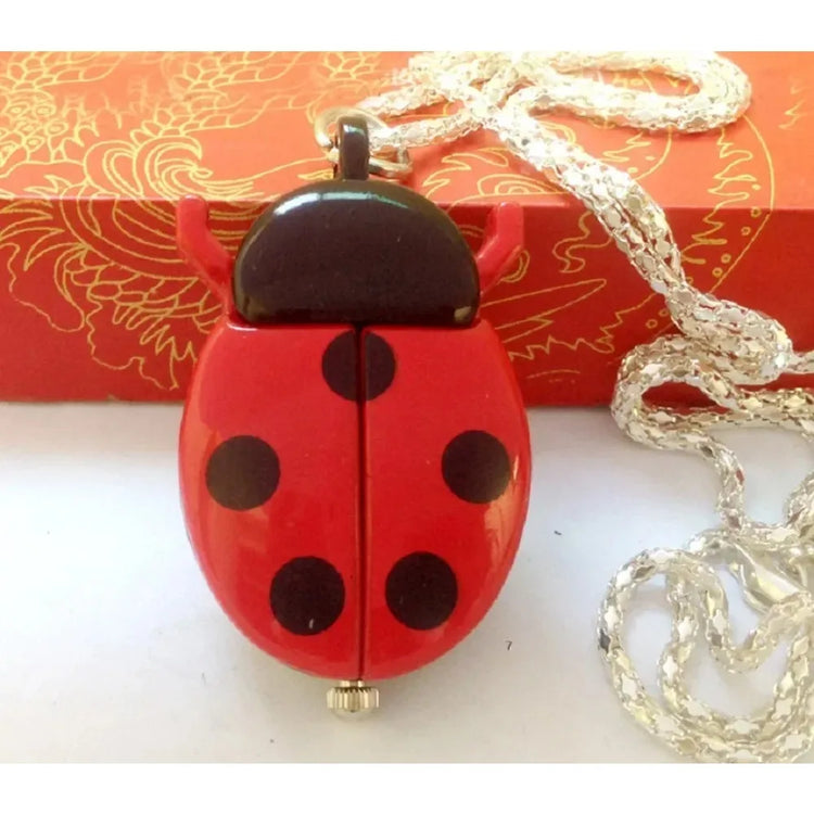 Fashion Small Golden Beetle Pocket Watchs, Cute New Adult Children Ladybug Watch,with Chain Lightweight Necklace Pendant Clock