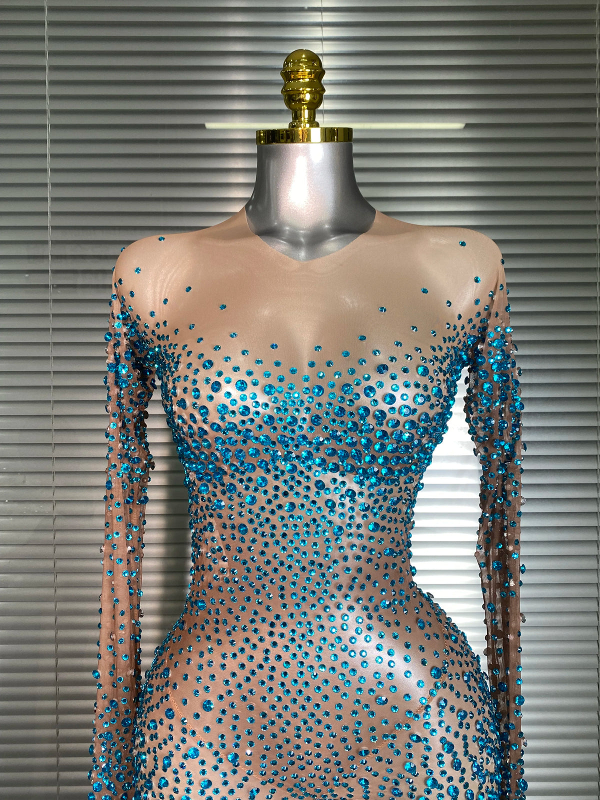 Women Sexy Crystal Sheer Blue Silver Skin Bodycon Jumpsuit Celebrity Designer Shinning Dancer Night Club Rompers Gloves