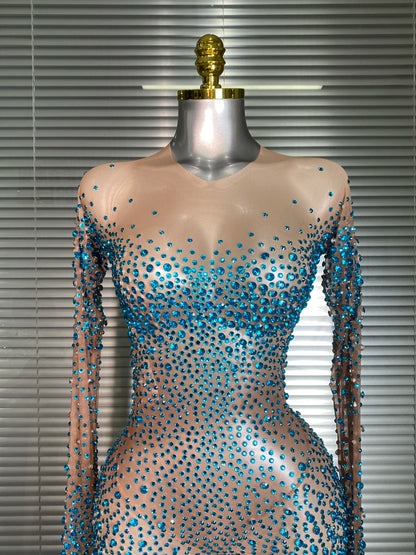 Women Sexy Crystal Sheer Blue Silver Skin Bodycon Jumpsuit Celebrity Designer Shinning Dancer Night Club Rompers Gloves