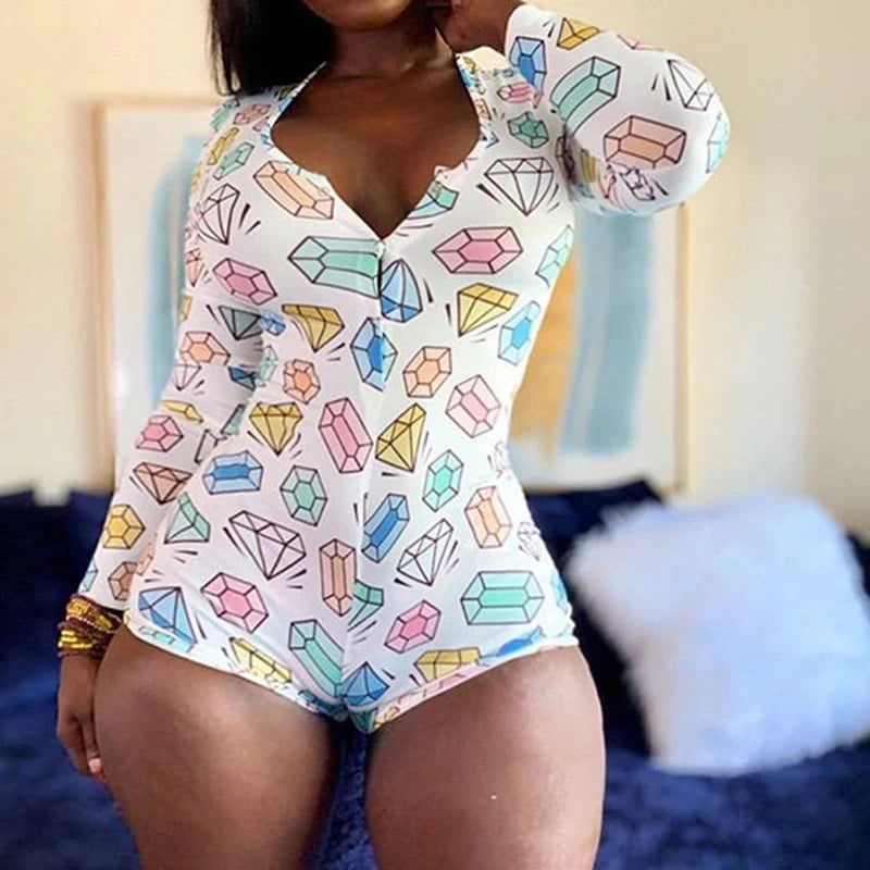 OMSJ 2024 Rompers Women Sleepwear Sky Blue Leopard Print Long Sleeve Short Jumpsuit Sexy Onesie For Adult Female Nightwear S-3XL