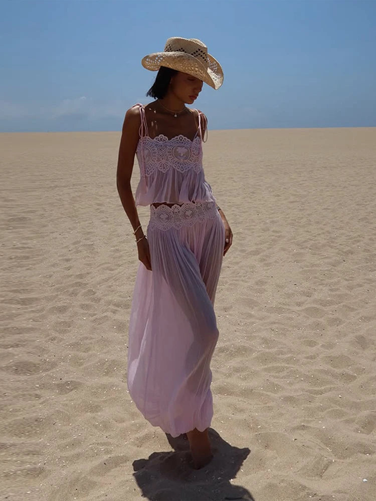 2026 Summer Fashion Square Neck Ruffled Crop Top & Pleated Midi Skirt 2-Piece Set Elegant Boho Resort Vacation Casual Outfits
