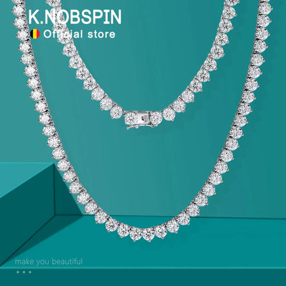 KNOBSPIN 3 Claw D VVS1 Moissanite Tennis Necklace 3/4/5mm GRA Certified Lab Diamond Solid s925 Silver GRA Necklace for Women Man