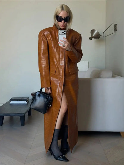 Women Brown Croc Embossed Faux Leather Maxi Trench Coat Lapel Single Breasted Straight Long Front Pockets Vintage Autumn Winter
