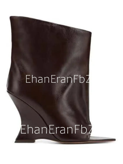 2006SoleLadies'-Spring/Summer-New-Fish-Mouth-Slope-High-Heel-Short-Boots-with-Pointed-Toe-Exposed-Cool-Boots,-Mid-Top-Boots