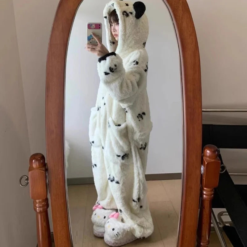 Funny Cute White Panda Pajamas One-piece Cral Fleece Thick and Warm Home Wear Autumn Winter for Women Halloween Christmas Gifts