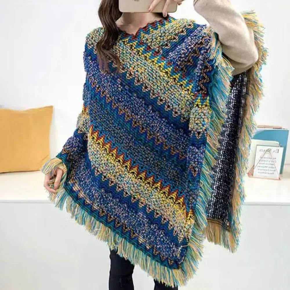 Coat Overlays Winter Warm Mongolian Poncho Striped Polyester Knitting Wraps Ethnic Style Pullover Tassel Shawl Women Fashion