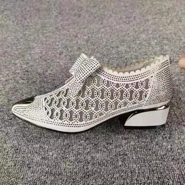 Women's Pointed Toe Sandals Luxury Breathable Mesh Bowknot Rhinestone Clear Elegant Mid-Heeled Simple Pump Shoes Mesh Sandals