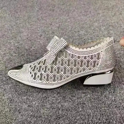 Women's Pointed Toe Sandals Luxury Breathable Mesh Bowknot Rhinestone Clear Elegant Mid-Heeled Simple Pump Shoes Mesh Sandals