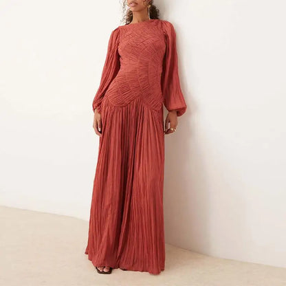2026 Summer Women's Elegant Pleated Long Dress O-neck Loose Folds Lantern Sleeve Holiday Beach Commute Chic Vestidos
