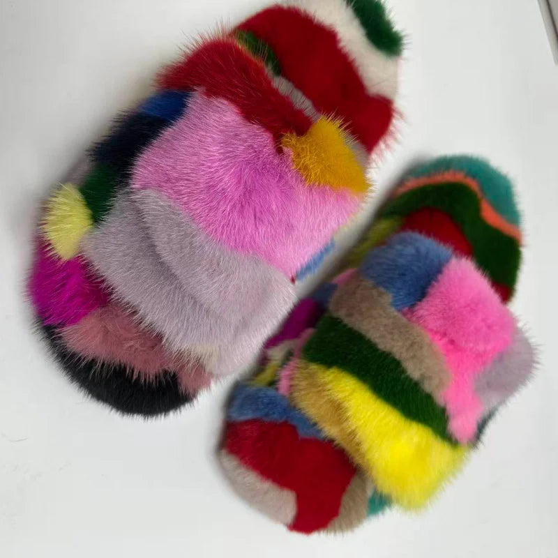 Winter Women'S Slippers Home Plush Woman Shoes Indoor Mink Fur Patchwork Color Slippers Irregular Random Seven Color Slippers