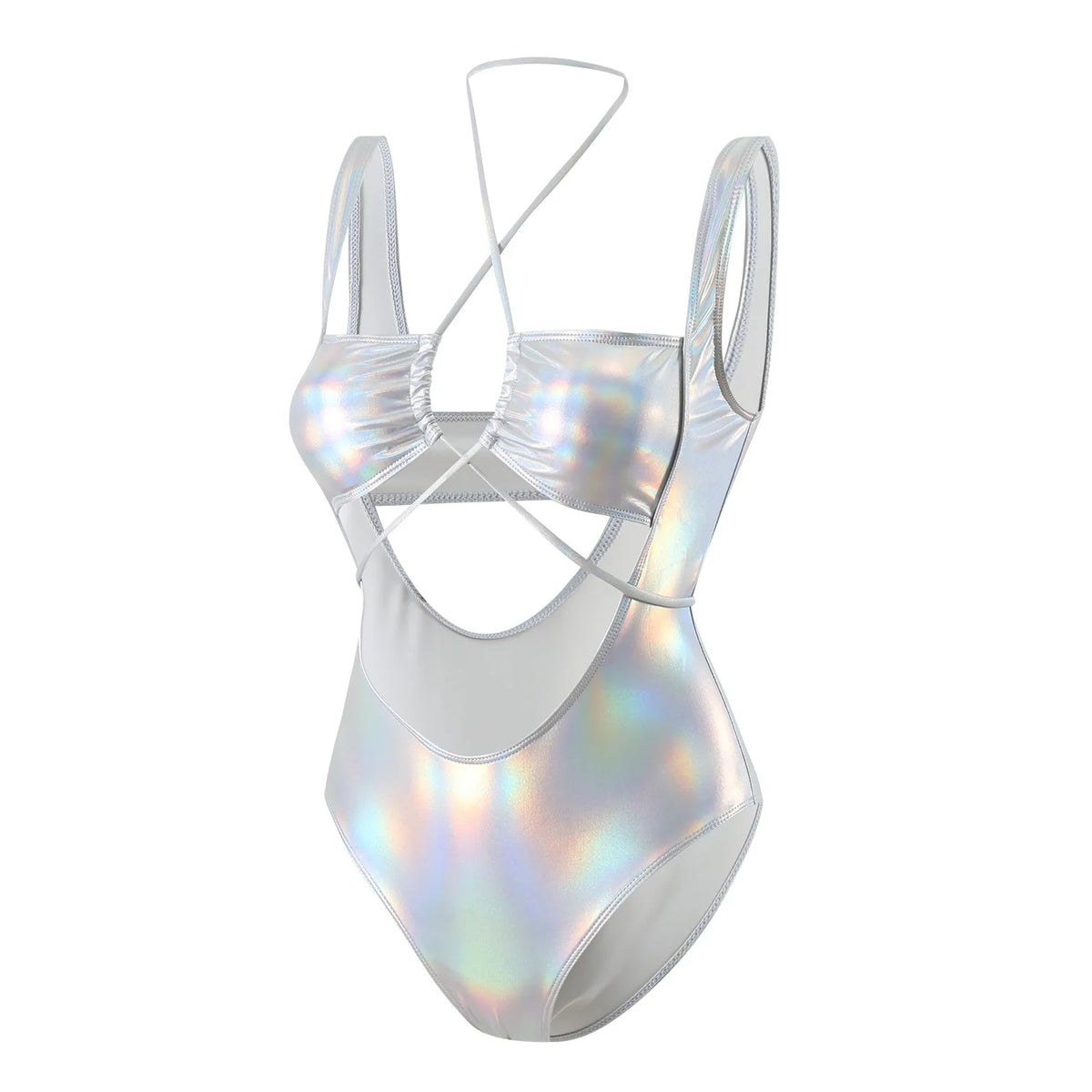 Sexy Glitter Metallic Halter Swimsuit One Piece Hollow Out Tie Bikinis Swimwear Bodysuits Women Biquini Bathing Suits Tankini