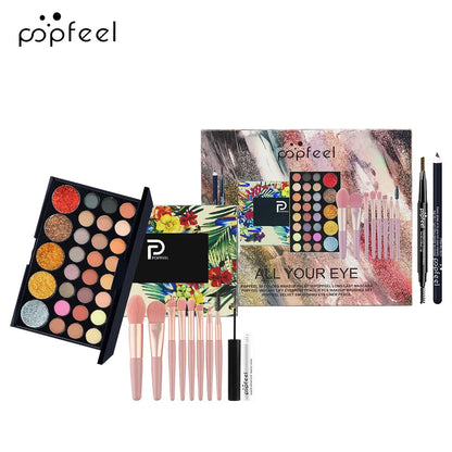 Essential Eye Makeup Set for Beginners Matte&Shimmer Eyeshadow Palette, Mascara, Eyebrow Pencil, Lip Eyeliner,Brush Tool Set Box