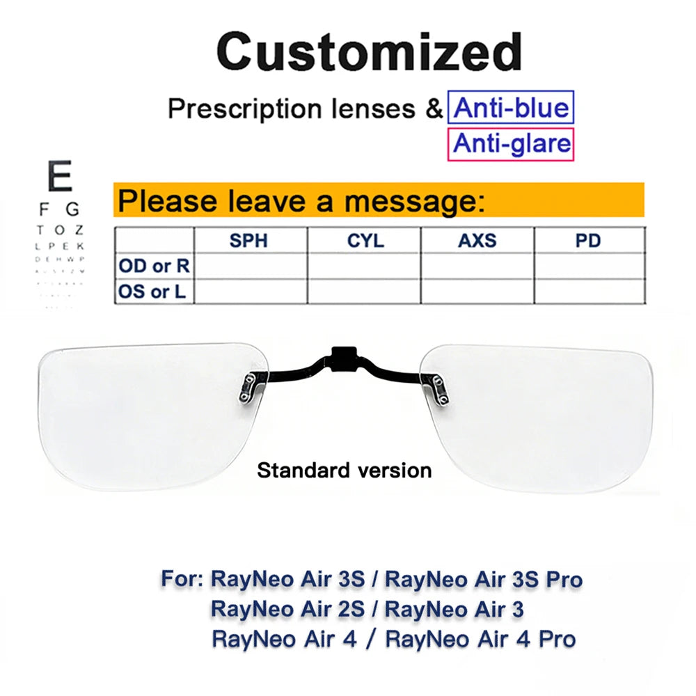 For RayNeo Air 4/Air 4 Pro/Air3S Pro/Air3/3S/Air 2S Smart Glasses Lens Custom Myopia and Hyperopia Anti-Blue Anti-glare Lenses