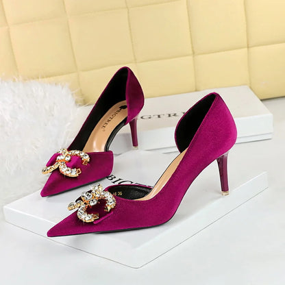 BIGTREE Party Pumps 7cm Thin High Heels Western Style Velvet Shallow Pointed Toe Side Hollow Crystal Pearl Bow Lady Shoes Pink