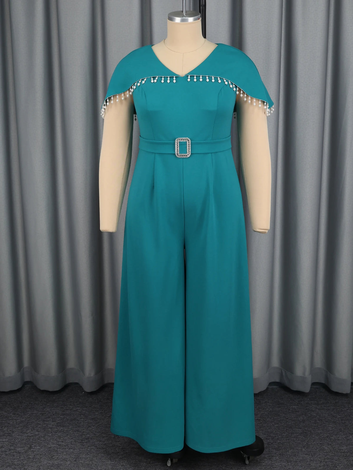 Stylish Women Jumpsuit Cloak Sleeve Beaded Trim Belted Waist Wide Leg Pants Elegant Formal Christmas Cocktail Evening Party Wear