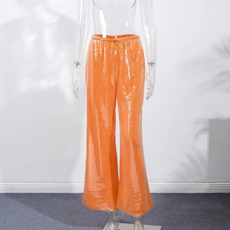 Elegant Sequined Women's Trouser Mid-Waist Lace Up Straight Mop Pants 2026 Summer Autumn Fashion Female All-Match Bottom
